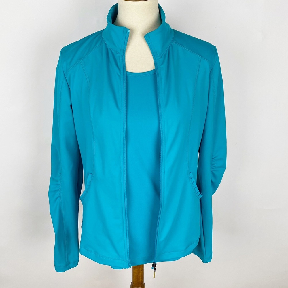 Me El Yoga Blue Athletic Full Zip Jacket & SS Tee Twinset‎ 2 Piece Set Women L